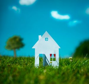 Neubauten: Haus aus Papier auf grüner Wiese