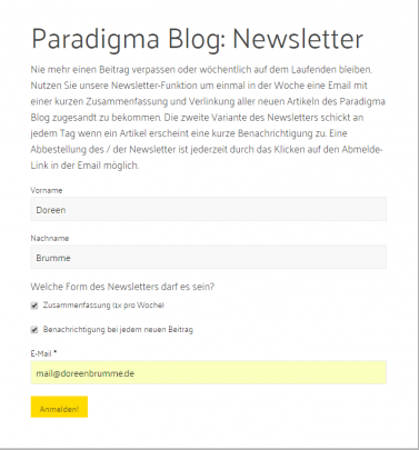 Anmeldeformular Paradigma Blog Newsletter ausgefüllt