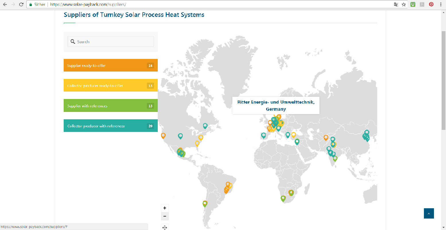 Suppliers map auf neuer Internetseite von solar payback