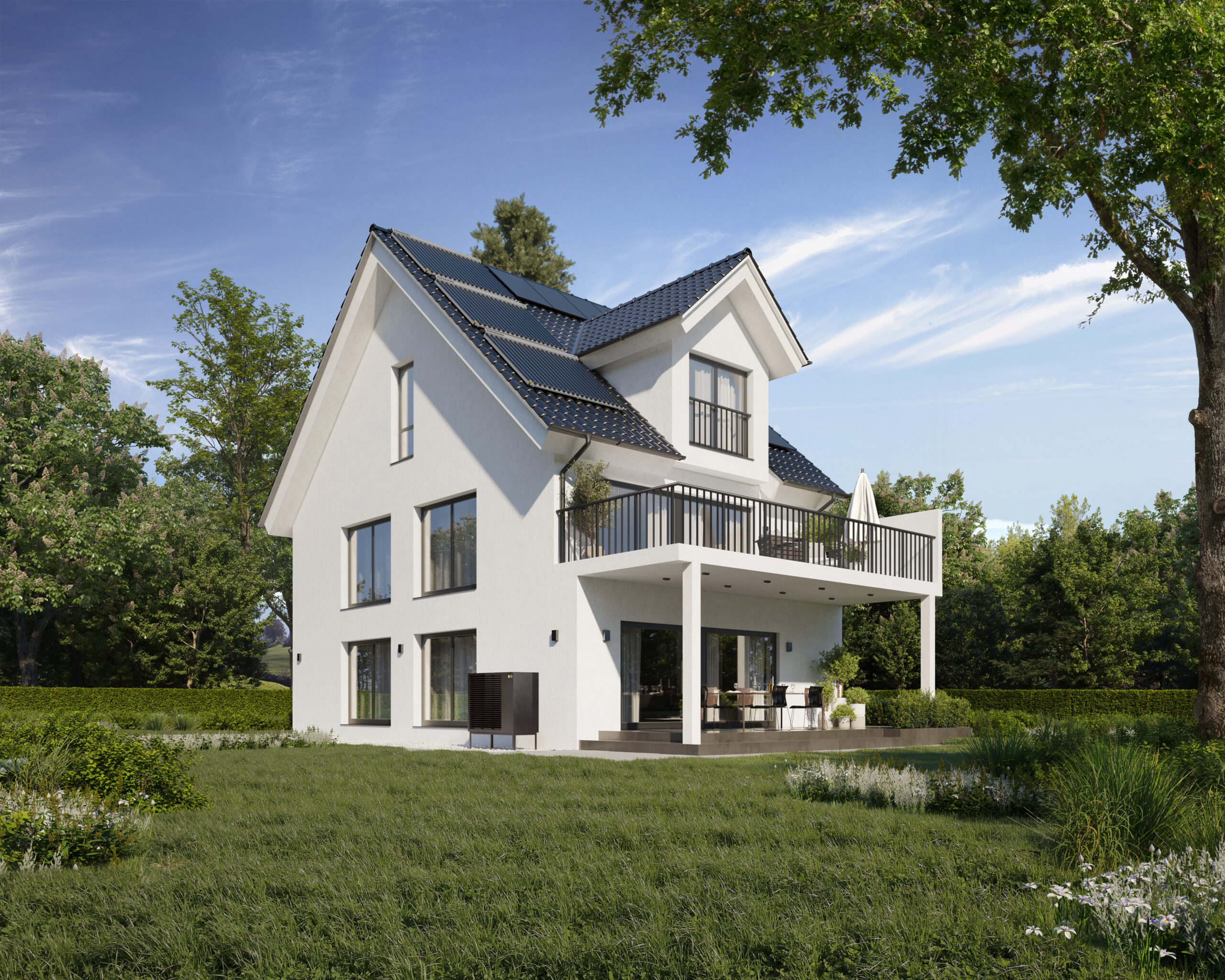 Dieses Einfamilienhaus nutzt die Dreierkombi aus Wärmepumpe plus Solarthermieanlage und Photovoltaikanlage. Foto: Paradigma