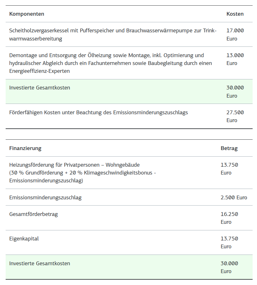 Heizungsförderung 2025 Rechenbeispiel Biomasseheizung statt Ölheizung